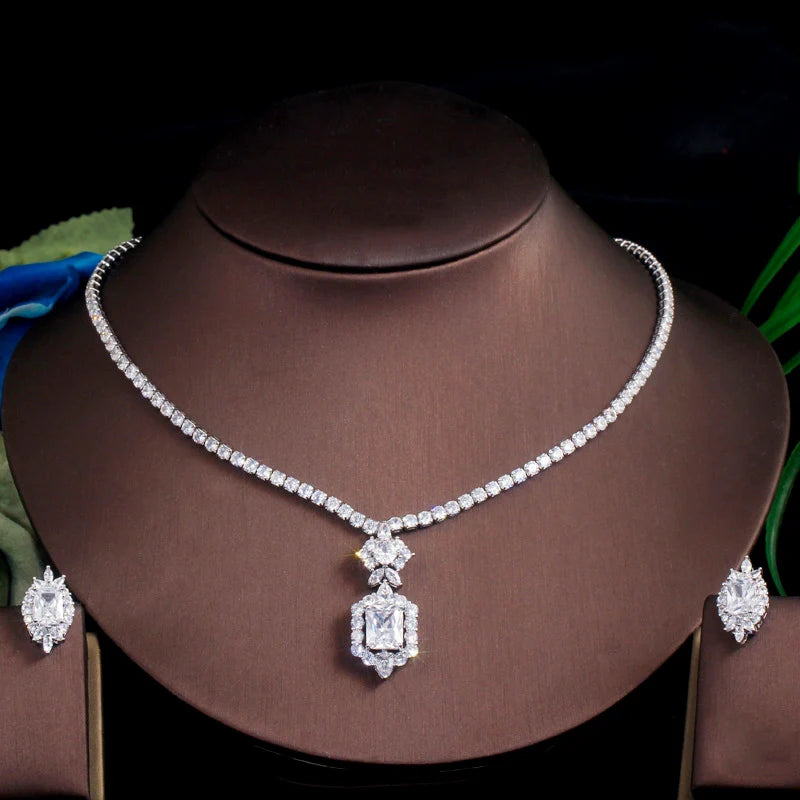 Lady Gaga Inspired Yellow Canary Cubic Zirconia Square Stud Earrings and Necklace Set for Women