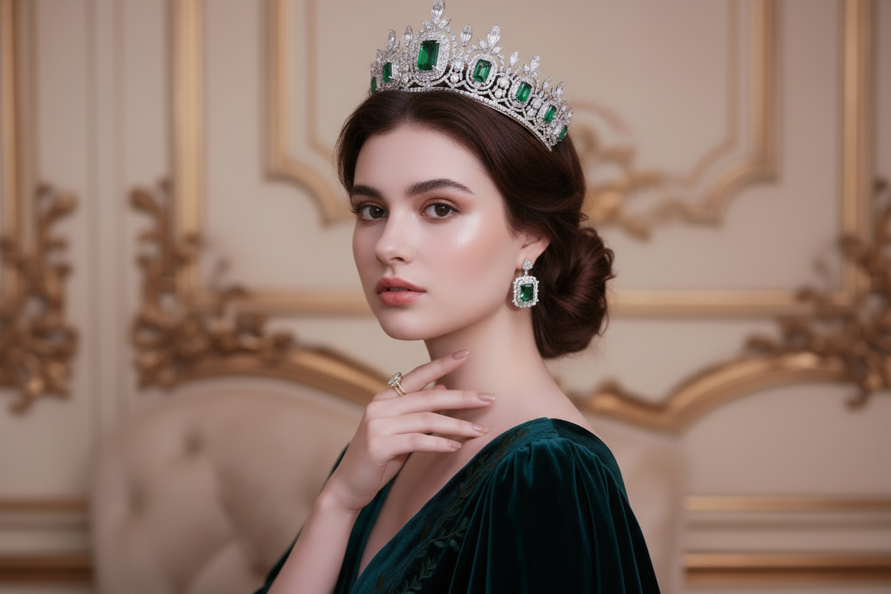 Woman wearing a green velvet dress, emerald tiara, and earrings in an elegant setting.