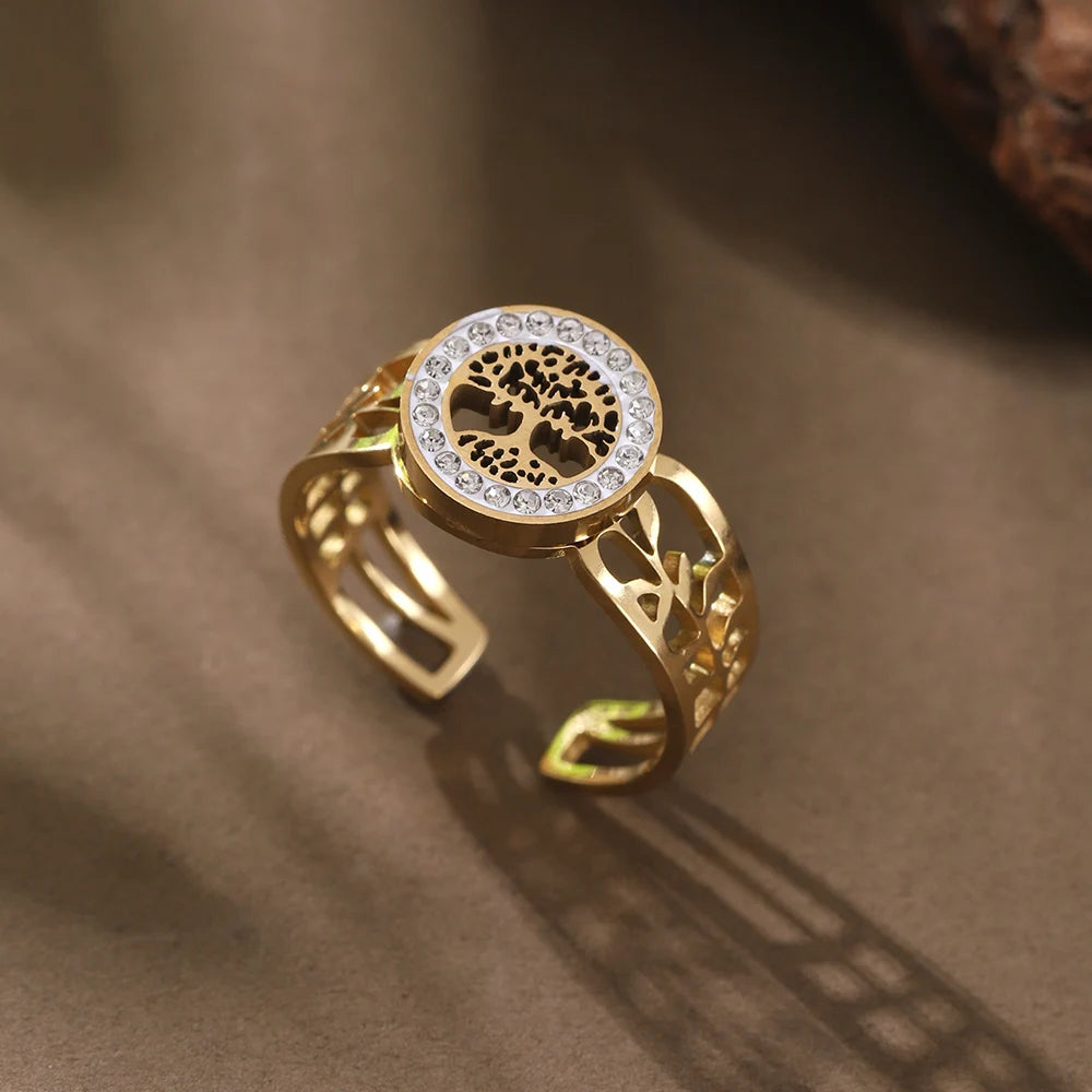 Gold Geometric Ring - Stainless Steel Rhinestone Open Ring | Adjustable Statement Jewellery
