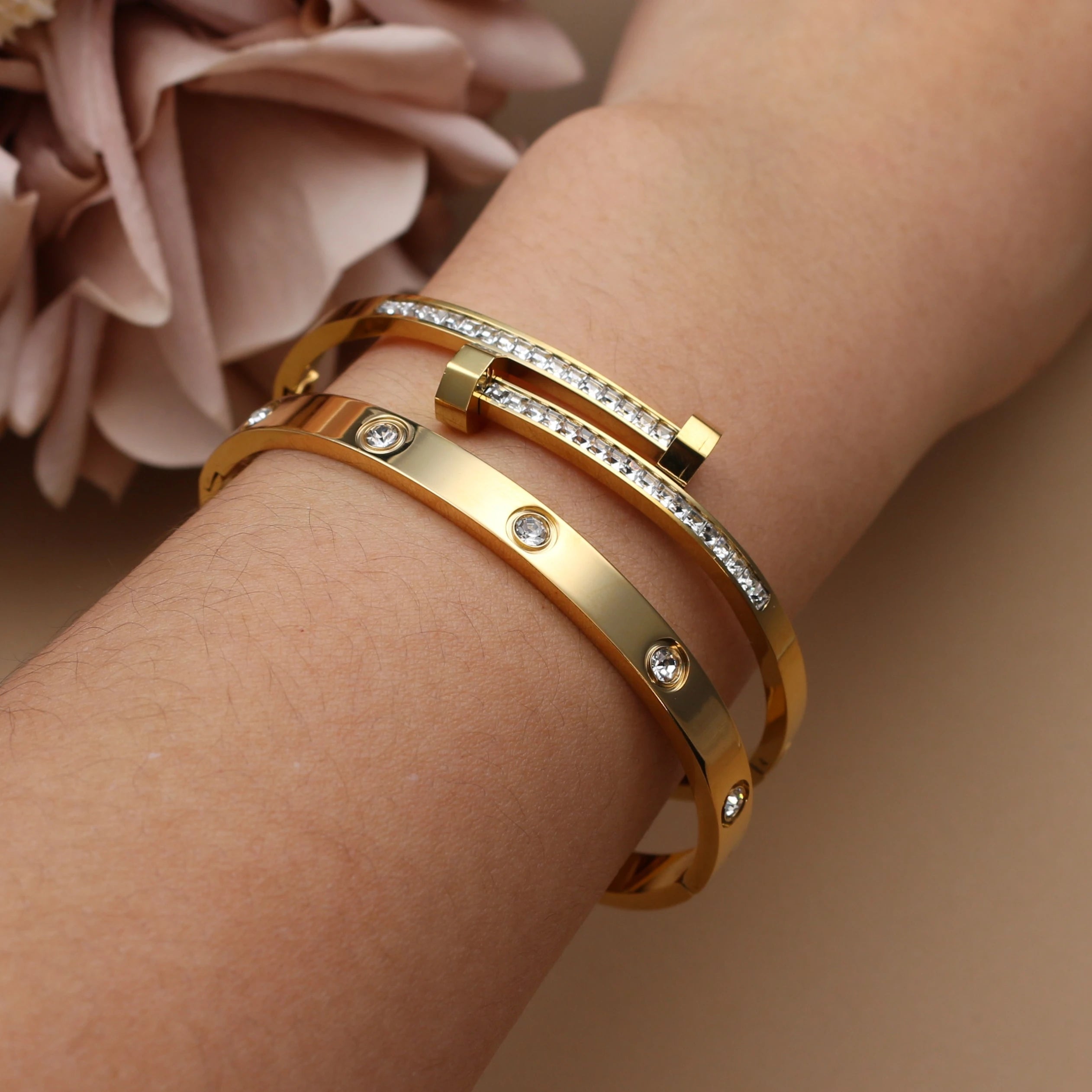 Gold Crystal Stacking Bangle | Stainless Steel Zircon Bracelet for Women