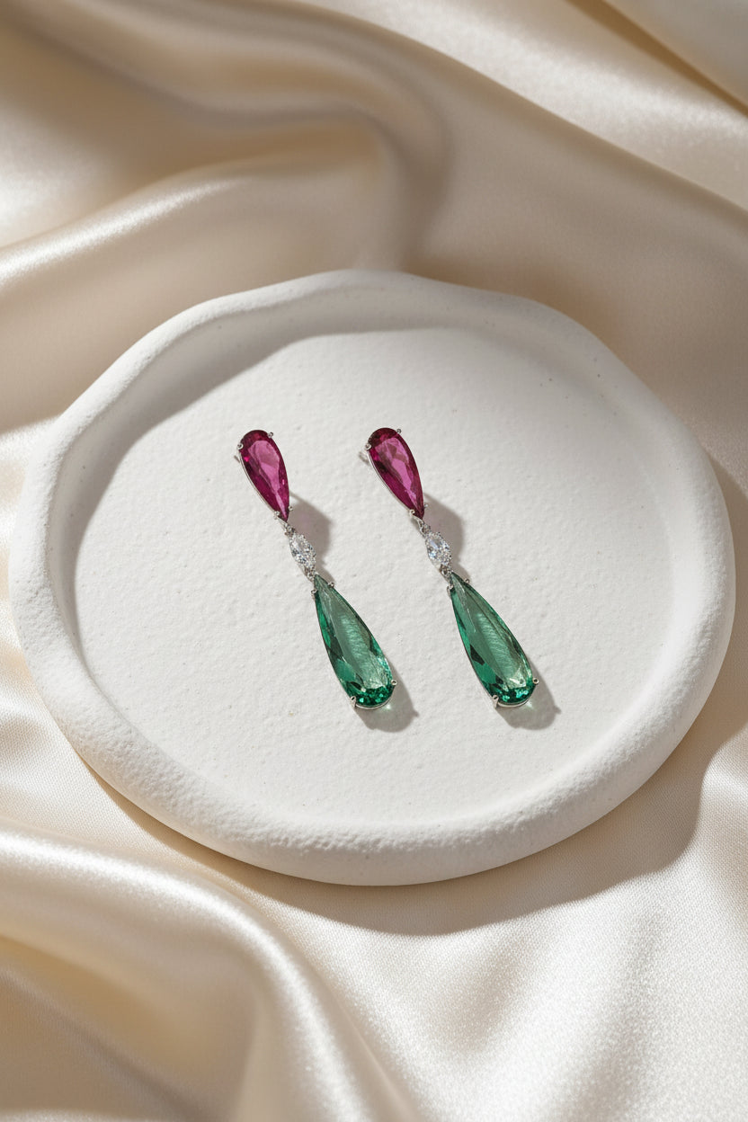 Luxury Green and pink rubi Drop Shape Boho Earrings for Women Fashion Engagement Jewelry Long Purple Stone Dangle Earrings