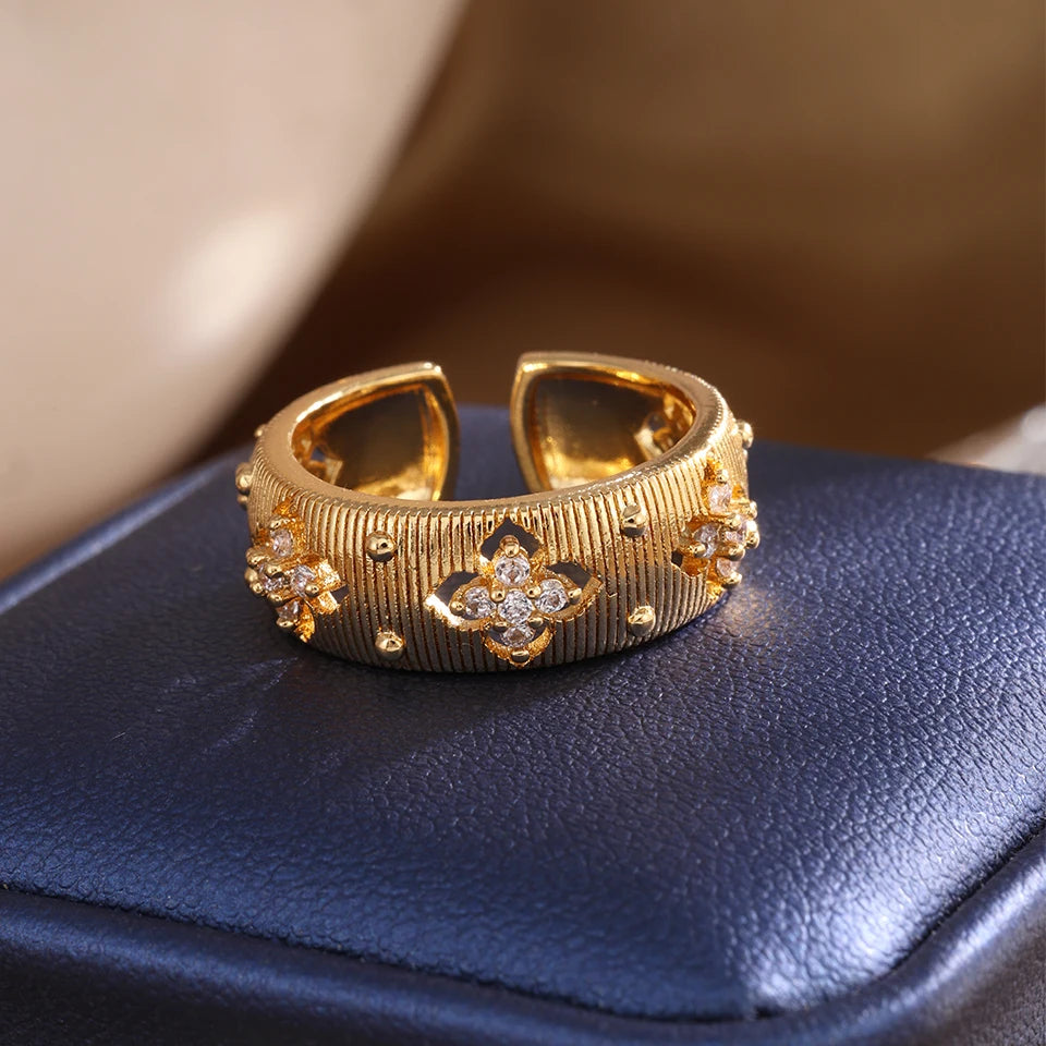 Four-leaf Flower Zircon Open Ring for Women Vintage Gold Color Couple Rings Luxury Jewelry Gift