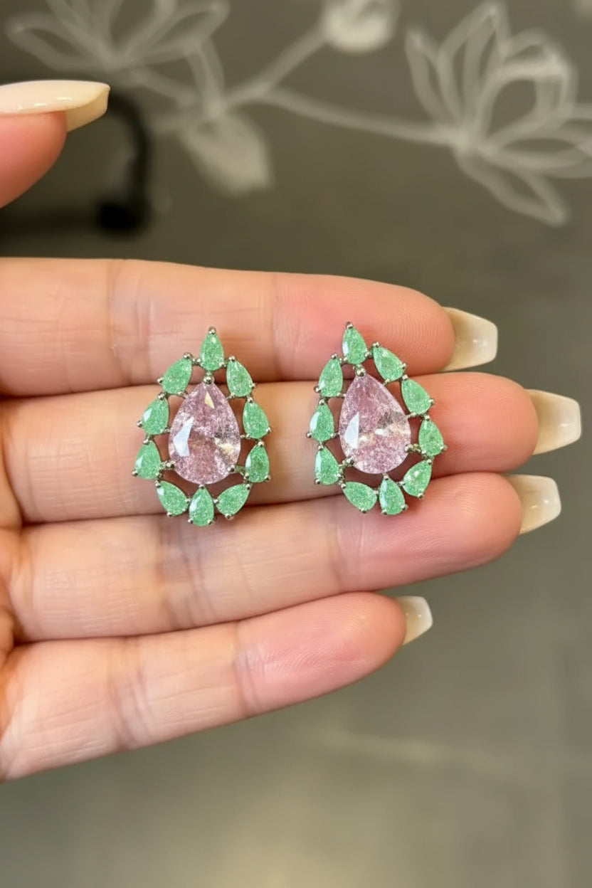 Double color Fusion gems Cubic Zirconia Pink and Green Stud Earring for Women