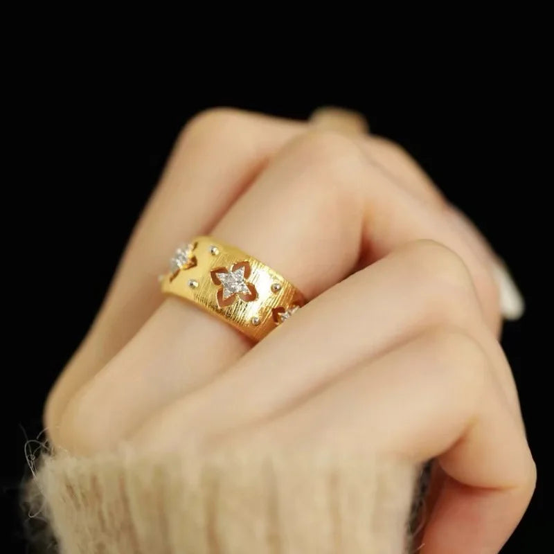 Four-leaf Flower Zircon Open Ring for Women Vintage Gold Color Couple Rings Luxury Jewelry Gift