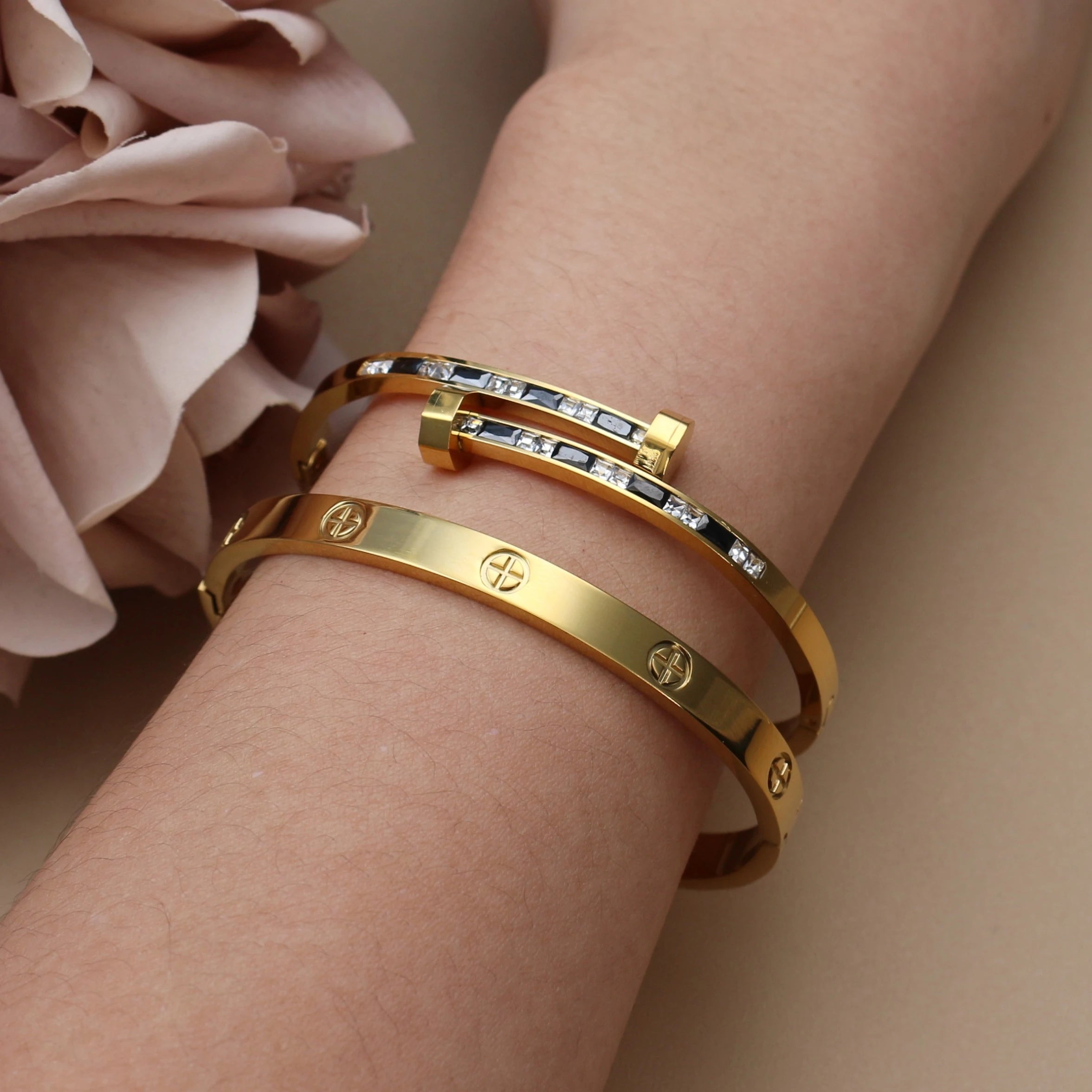 Gold Crystal Stacking Bangle | Stainless Steel Zircon Bracelet for Women