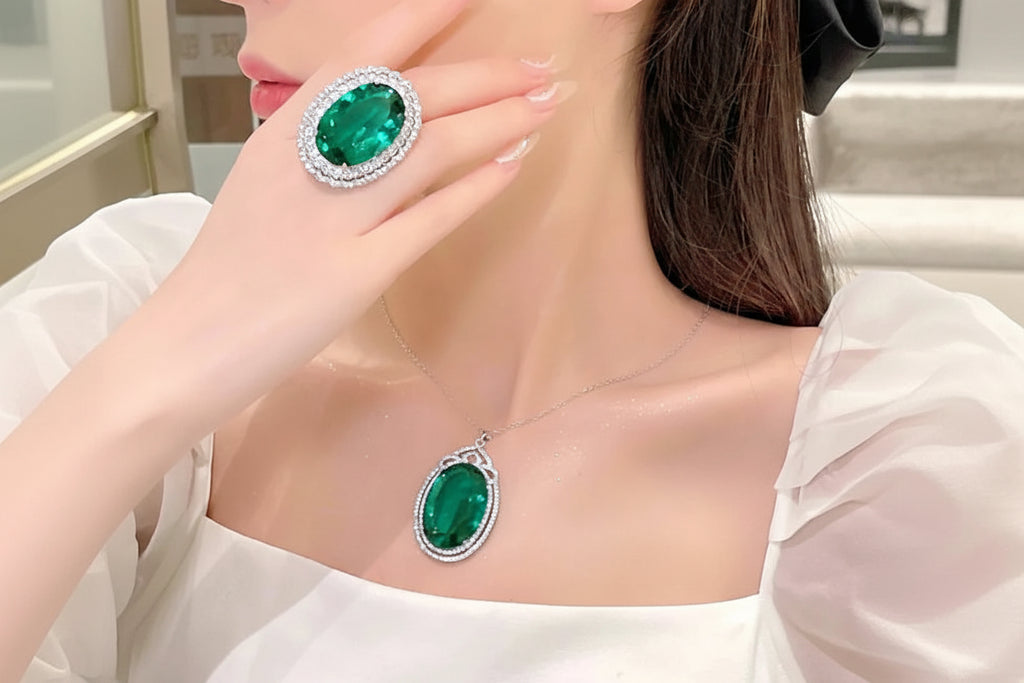 Royal Queen Inspired Emerald Jewelry Set – 12 Carat Lab Emerald Crystal Ring & Necklace | 925 Silver