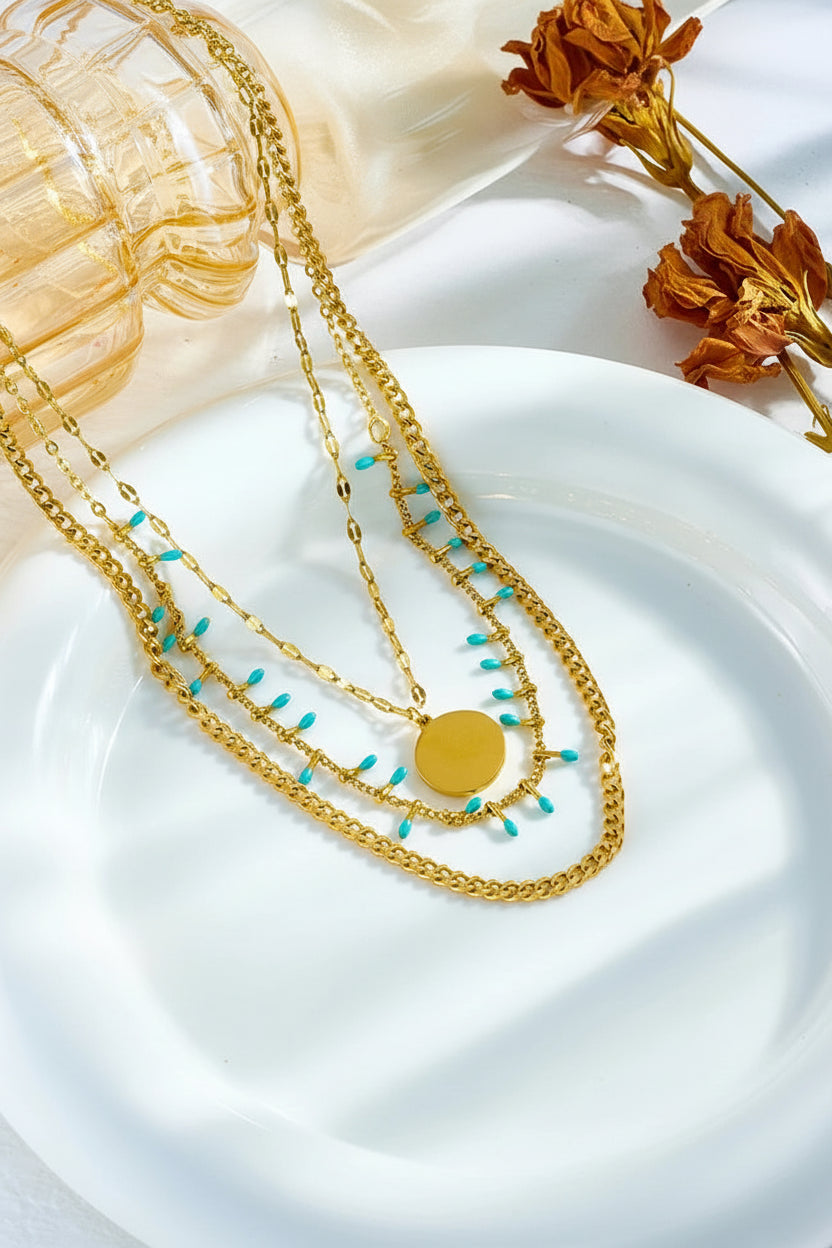 Cleopatra 316L Stainless Steel Golden Necklace – Triple Chain Circle Pendant for Women