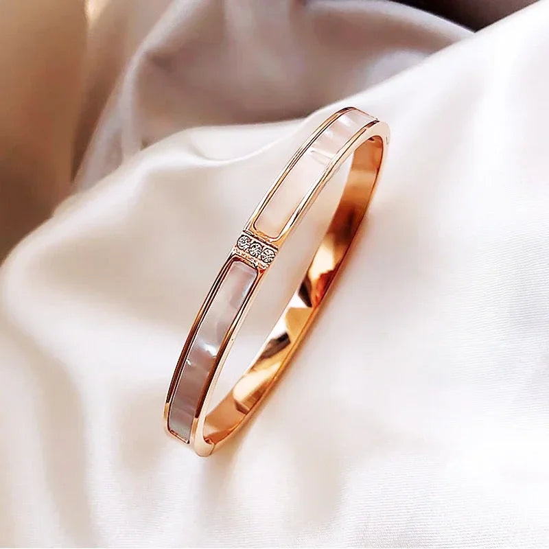 ✨ Luxury Gold Zircon Bangle - Classic Stainless Steel Bracelet for Women