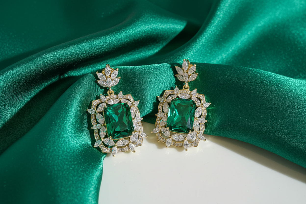 Queen Vintage Inspired Green Cubic Zirconia Dangle Earrings | Luxury Wedding Jewellery