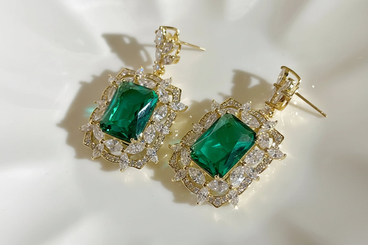 Queen Vintage Inspired Green Cubic Zirconia Dangle Earrings | Luxury Wedding Jewellery