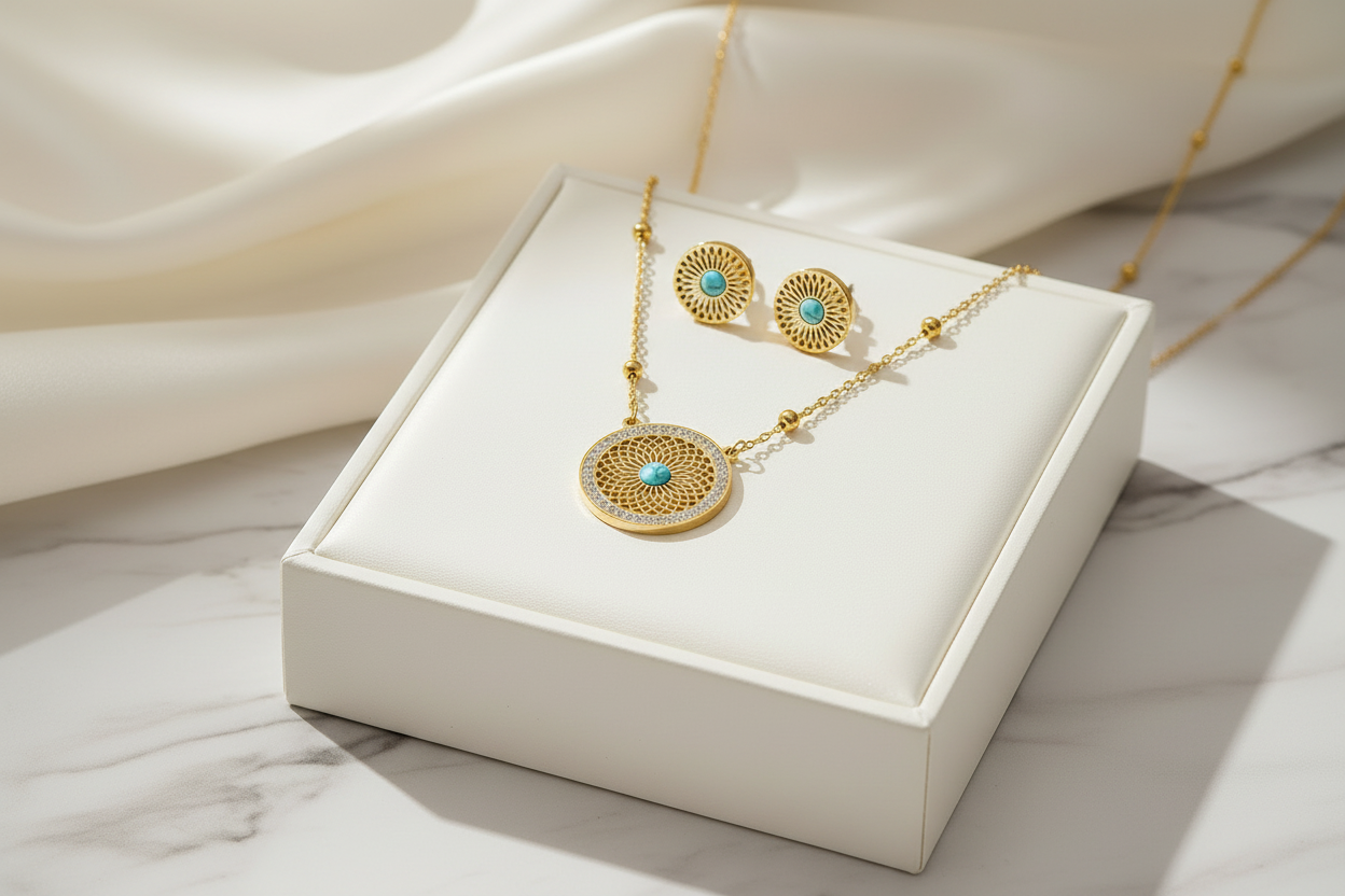 Gold necklace and earrings with turquoise stones on a white jewelry box