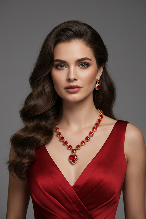 18K Gold-Plated Gemstone Heart Necklace & Bracelet Set