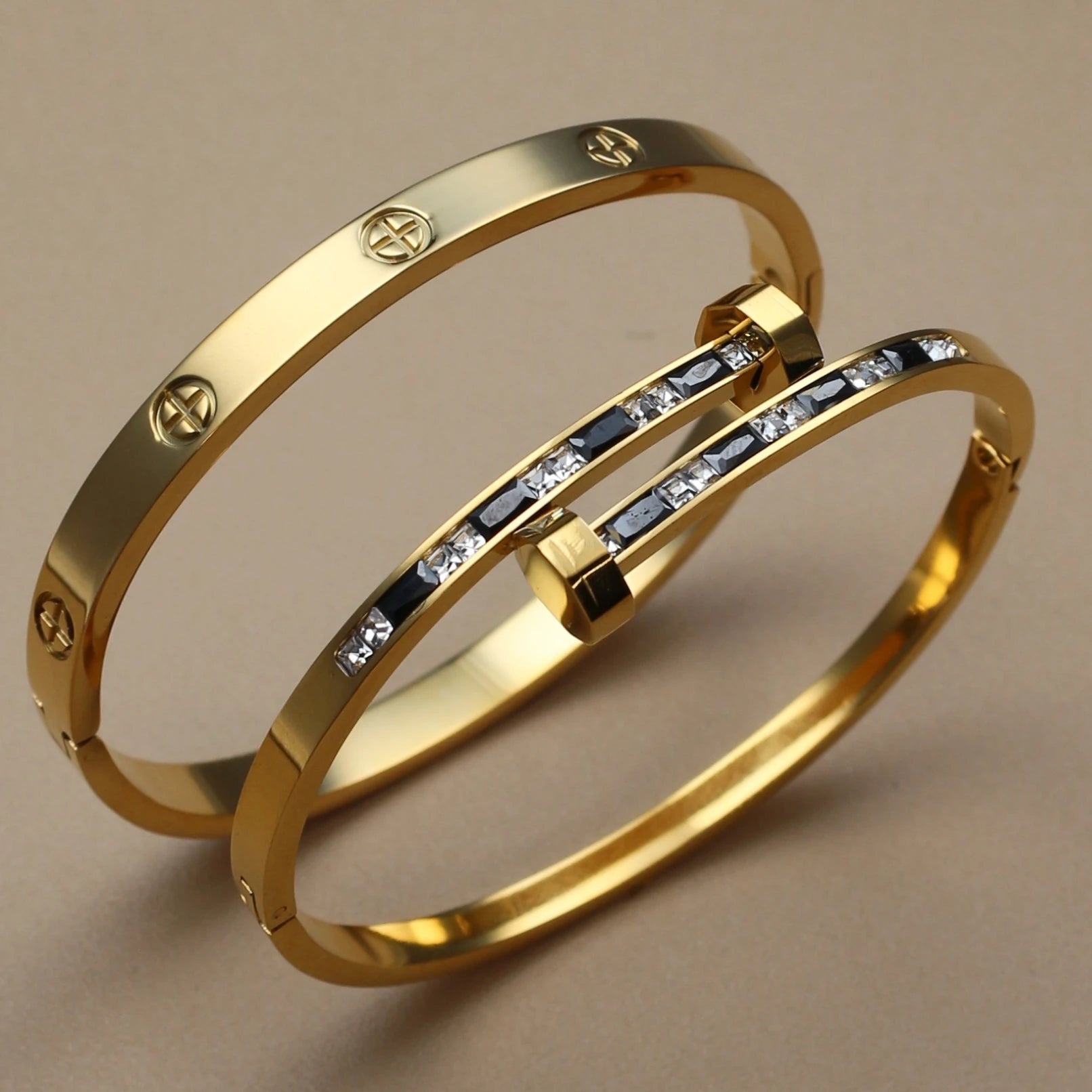 Gold Crystal Stacking Bangle | Stainless Steel Zircon Bracelet for Women