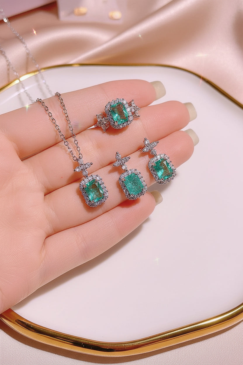 Frozen Princess-Inspired Ice Crystal Paraiba Jewelry Set – Necklace, Ring & Earrings | Lady Daisy