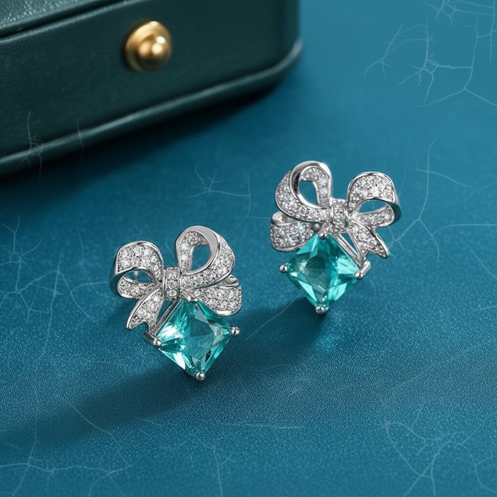 Silver bow earrings with teal gemstones on a blue textured surface