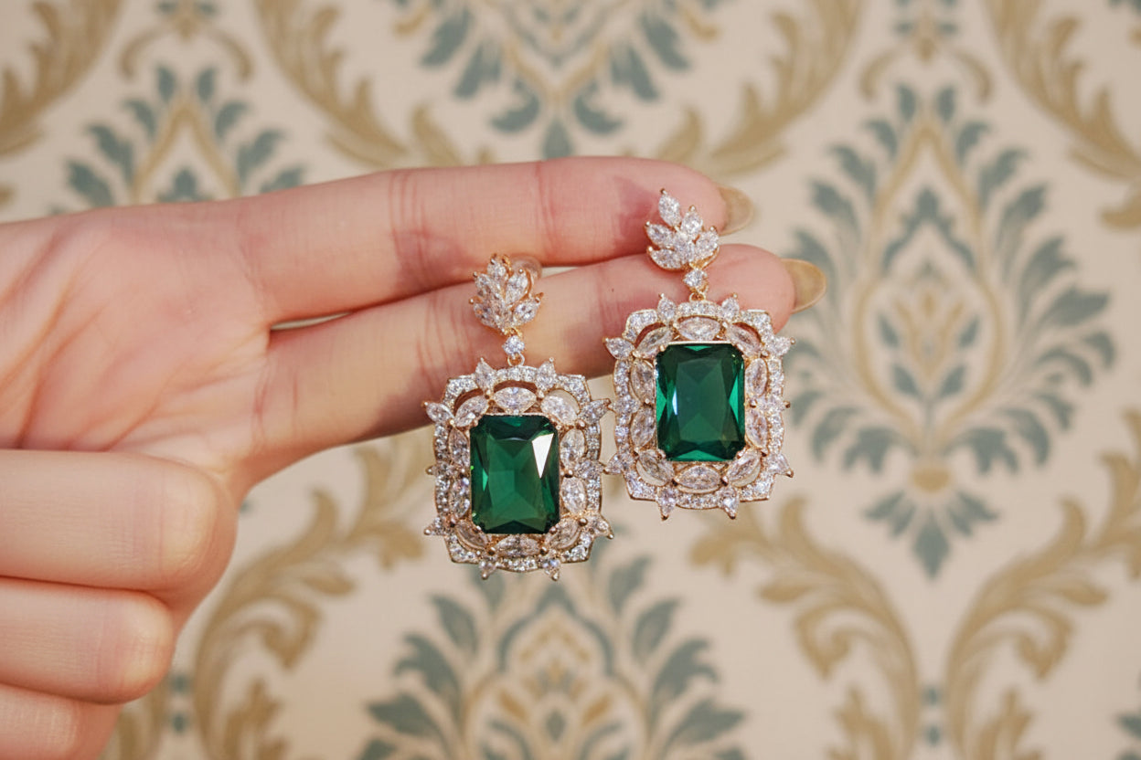 Queen Vintage Inspired Green Cubic Zirconia Dangle Earrings | Luxury Wedding Jewellery
