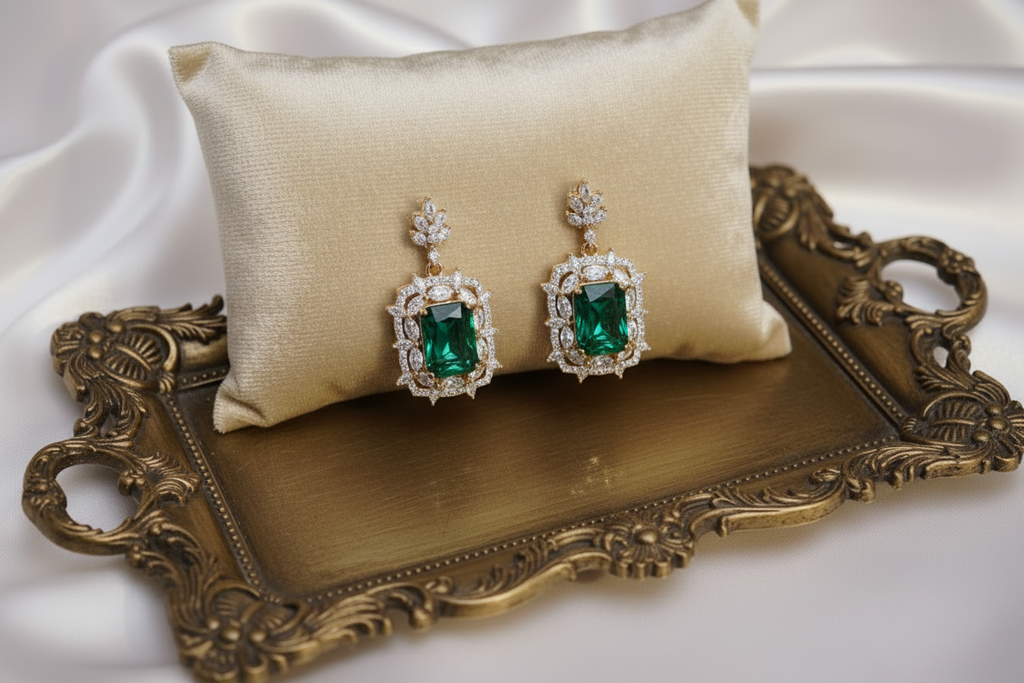 Queen Vintage Inspired Green Cubic Zirconia Dangle Earrings | Luxury Wedding Jewellery