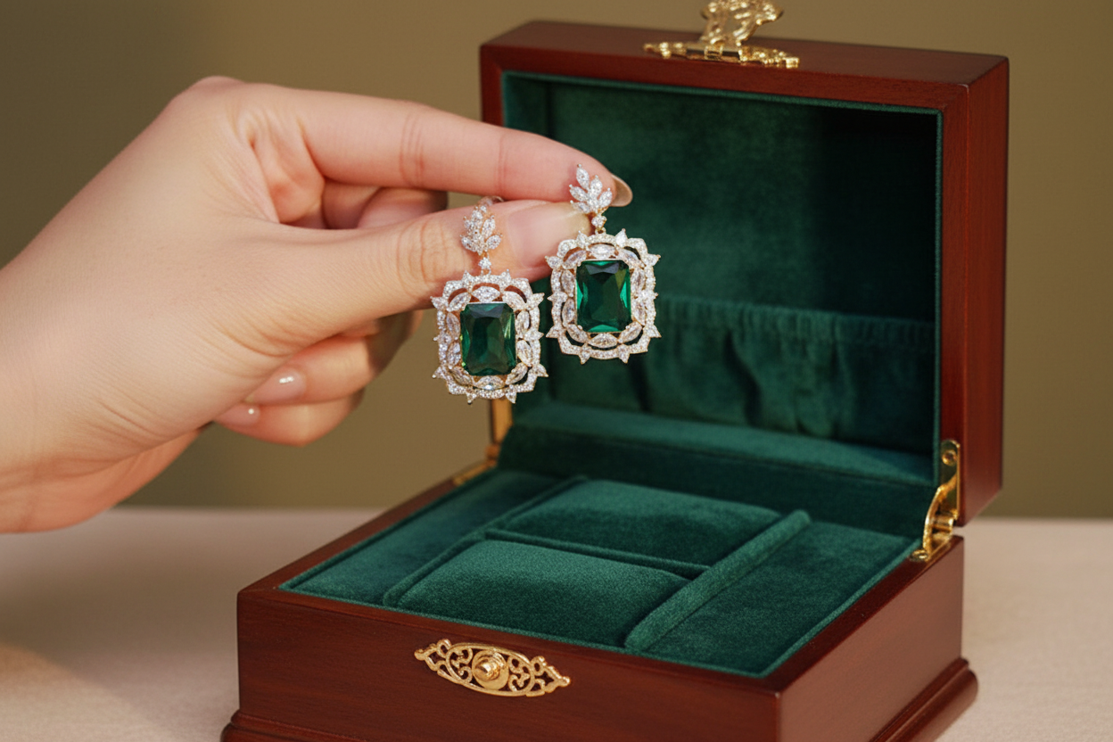 Queen Vintage Inspired Green Cubic Zirconia Dangle Earrings | Luxury Wedding Jewellery