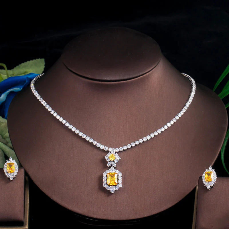 Lady Gaga Inspired Yellow Canary Cubic Zirconia Square Stud Earrings and Necklace Set for Women