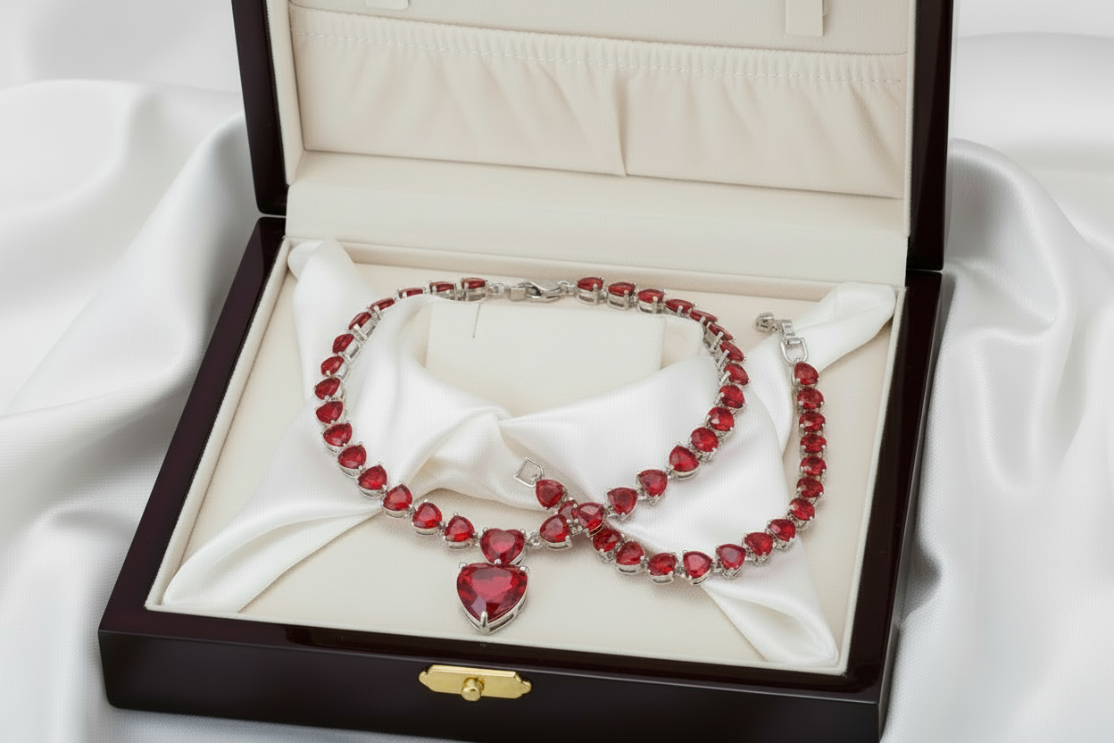18K Gold-Plated Gemstone Heart Necklace & Bracelet Set