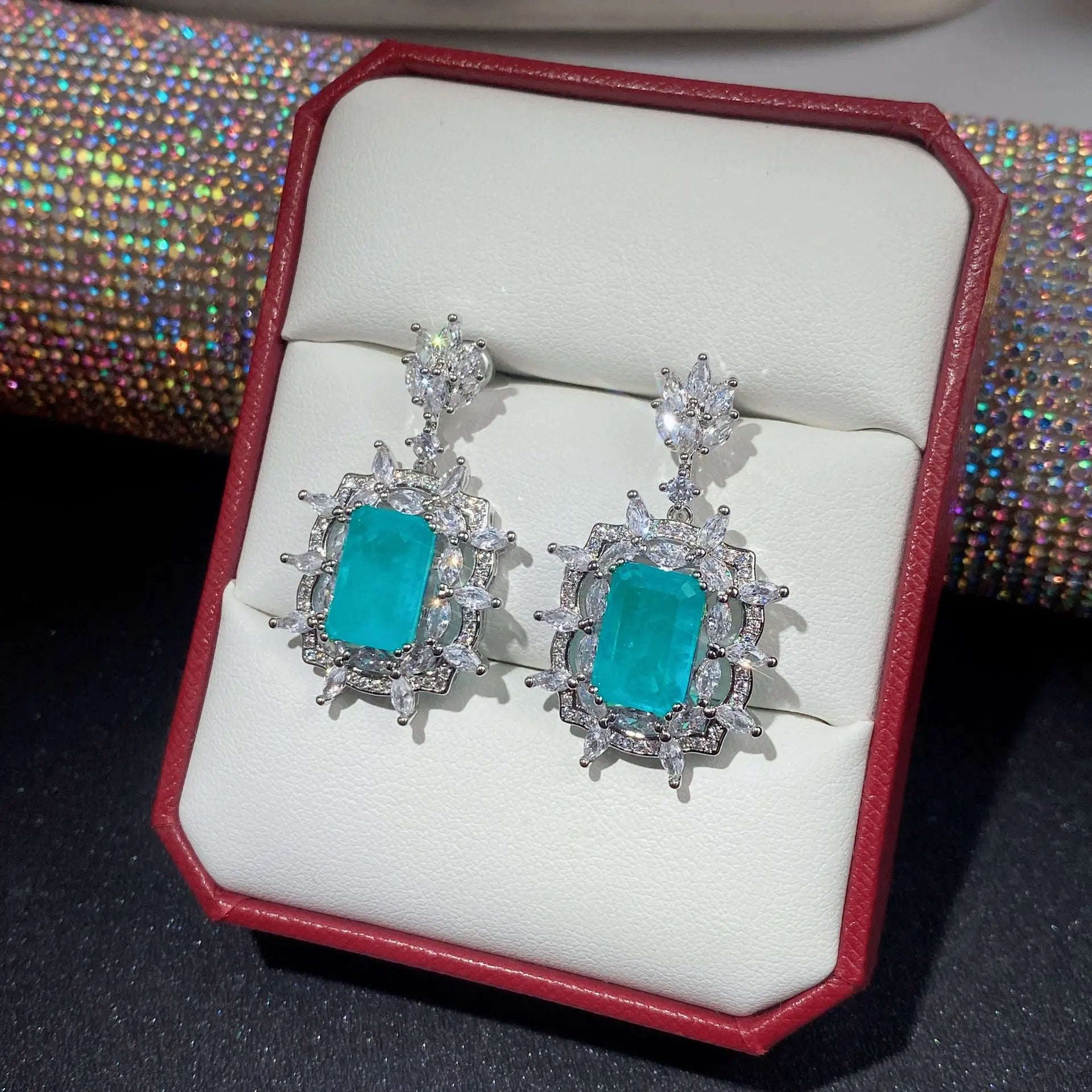 Luxury  Zircon Square Paraiba Tourmaline  Crystal Blue  Earrings