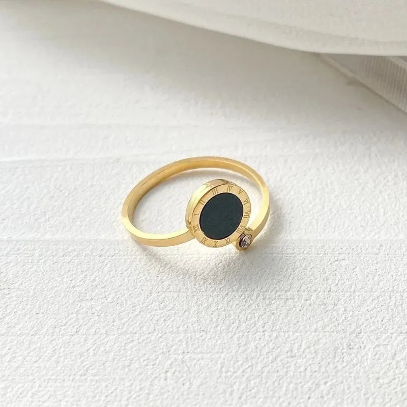 Bagues en émail noir avec chiffre romain et design de personnalité pour femmes, luxueux bijoux de doigt en acier inoxydable avec zircon, résistance.