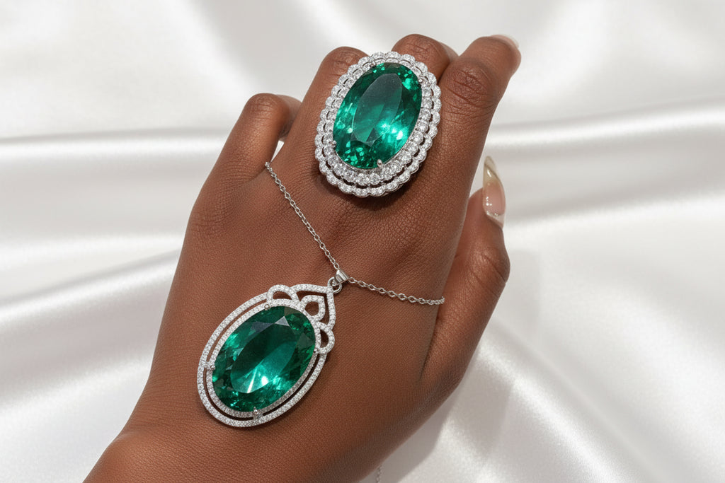 Royal Queen Inspired Emerald Jewelry Set – 12 Carat Lab Emerald Crystal Ring & Necklace | 925 Silver