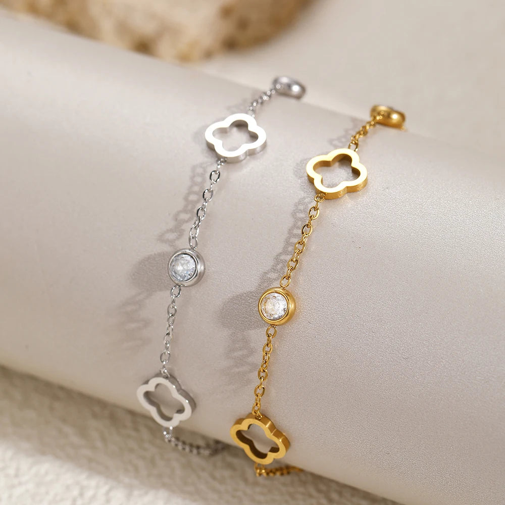 Lucky Clover Bracelet - Stainless Steel Crystal Charm Bracelet for Women