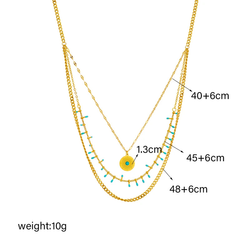 Cleopatra 316L Stainless Steel Golden Necklace – Triple Chain Circle Pendant for Women
