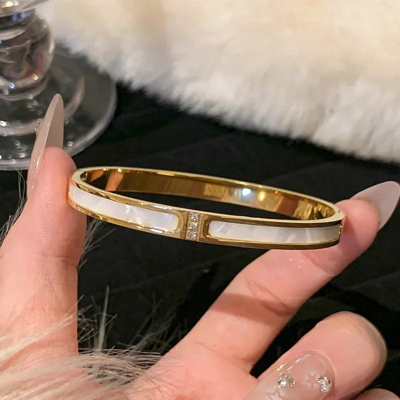 ✨ Luxury Gold Zircon Bangle - Classic Stainless Steel Bracelet for Women