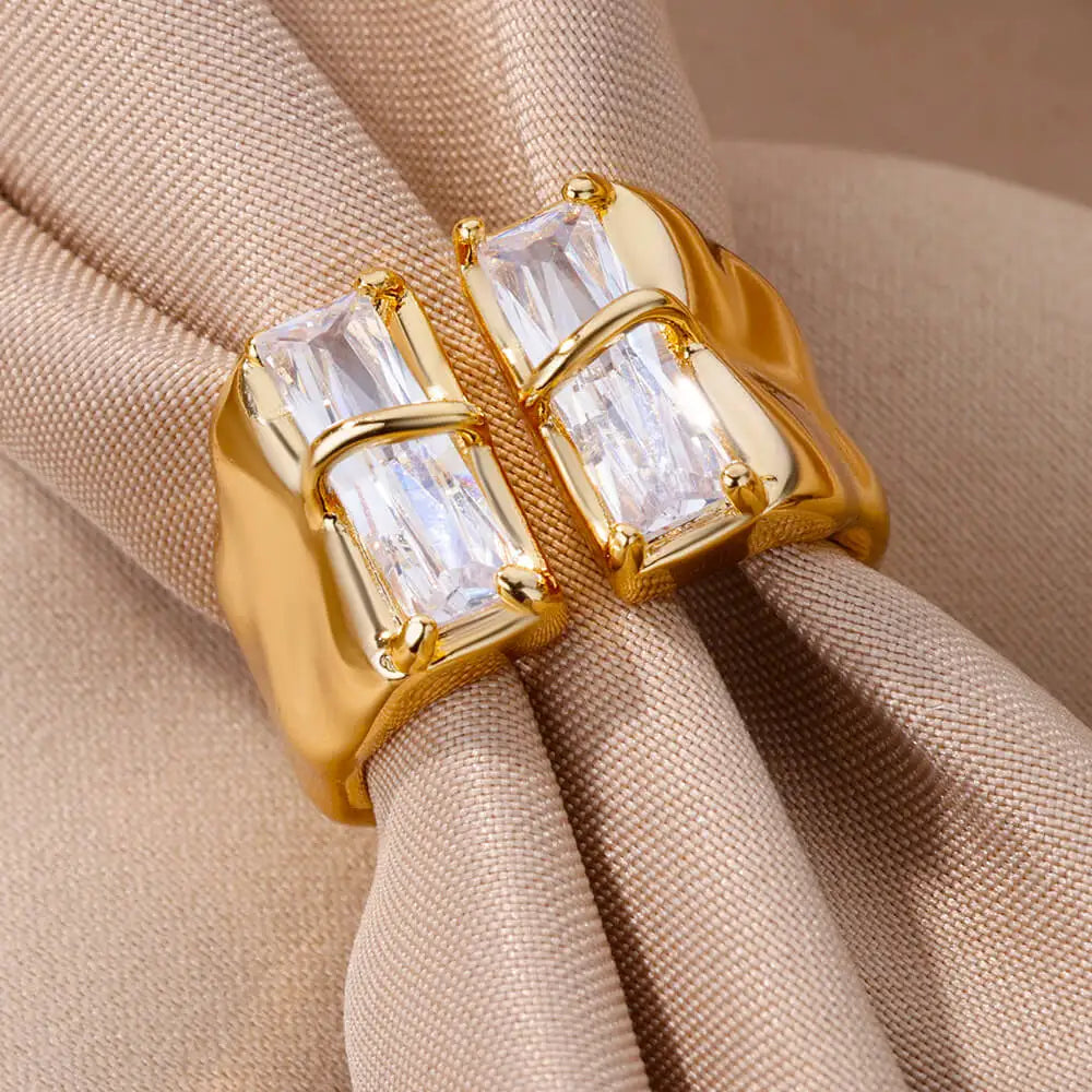 Geometric Irregular Square Zircon Ring For Women Stainless Steel Gold Plated Opening Ring Wedding Party Fashion Jewerly Gift Free Shipping