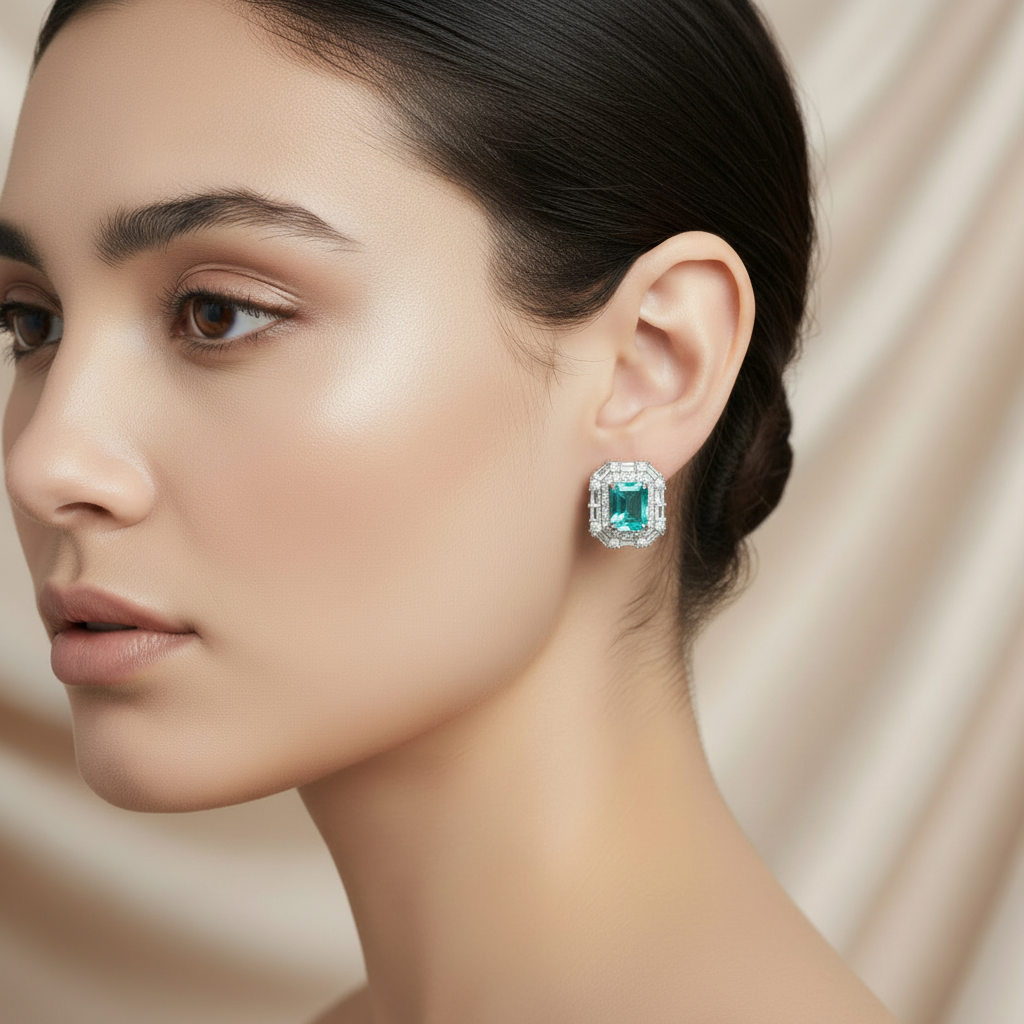 Close-up of a woman wearing emerald green earrings with a beige background