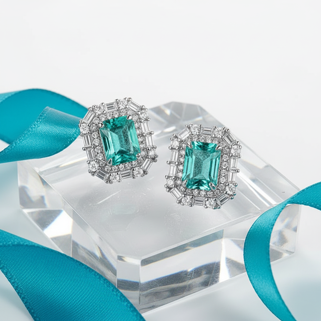 Pair of emerald earrings on a cracked glass surface