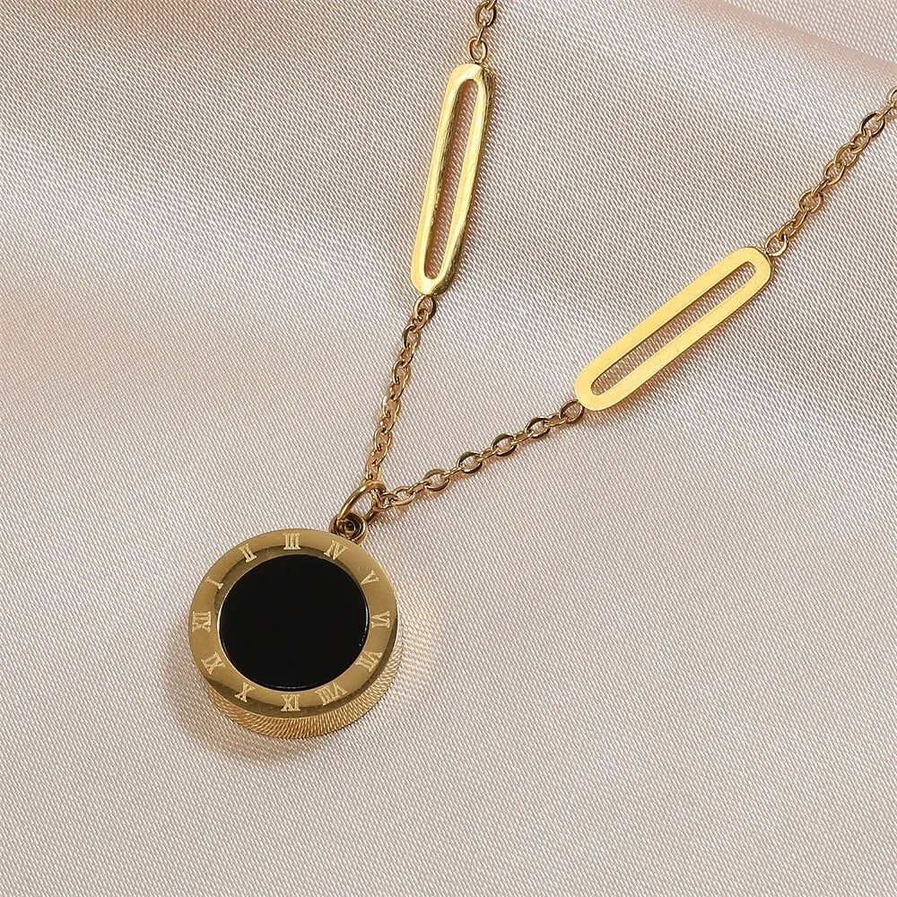 Roman Numeral Wafer Pendant Necklace | Stainless Steel Choker for Women