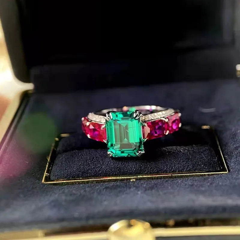 New Vintage Two Tone Lab Emerald Luxury Wedding Band Ring  Princess Cut  Delicate Engagement Ring Finger Jewelry