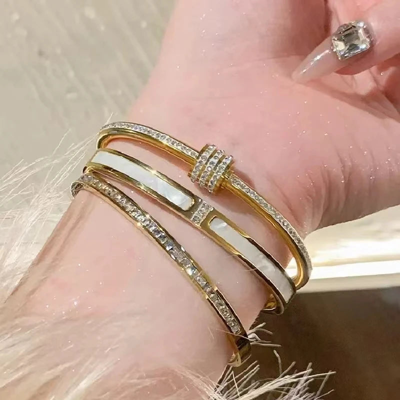 Elegant Gold Color Bangle With Sparkling Rhinestone Glamorous Stainless Steel Bracelet Women's Formal Dinners Jewelry