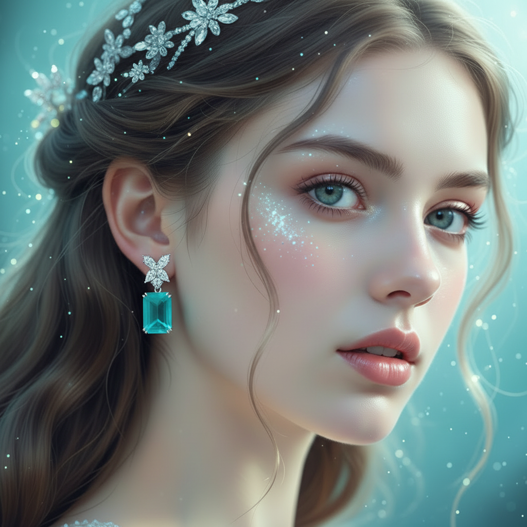 Close-up of a woman's face with sparkling earrings against a soft, blurred background