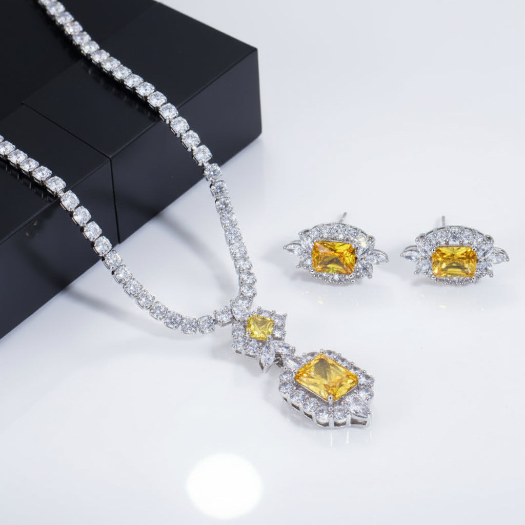 Lady Gaga Inspired Yellow Canary Cubic Zirconia Square Stud Earrings and Necklace Set for Women