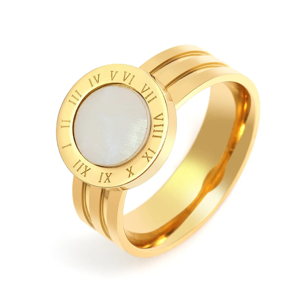 Yupsk 2Pcs 316L Stainless Steel Ring For Women Roman Numerals Acrylic Shells Casual Finger Rings Jewelry Gifts for Couples