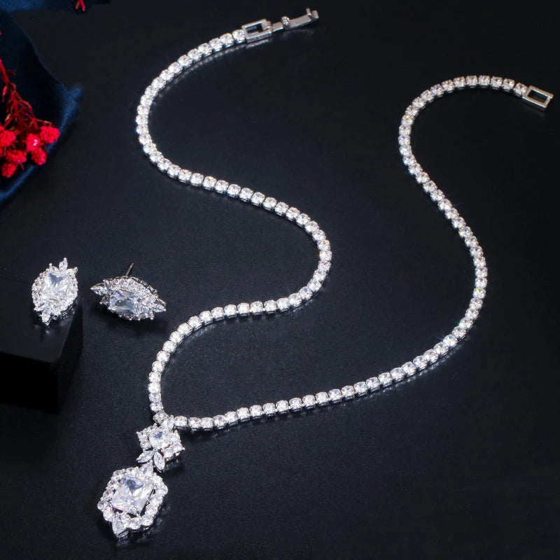 Lady Gaga Inspired Yellow Canary Cubic Zirconia Square Stud Earrings and Necklace Set for Women