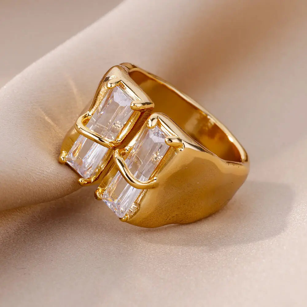 Geometric Irregular Square Zircon Ring For Women Stainless Steel Gold Plated Opening Ring Wedding Party Fashion Jewerly Gift Free Shipping