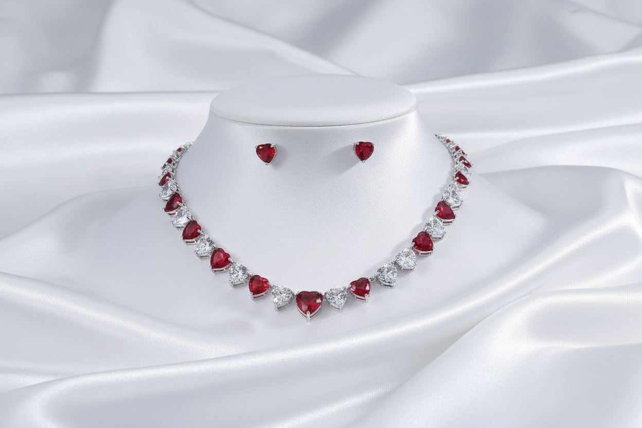 Necklace with red gemstones on a white fabric background