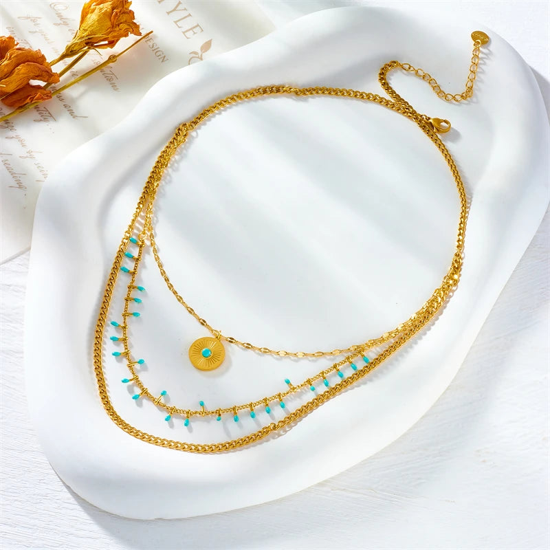 Cleopatra 316L Stainless Steel Golden Necklace – Triple Chain Circle Pendant for Women