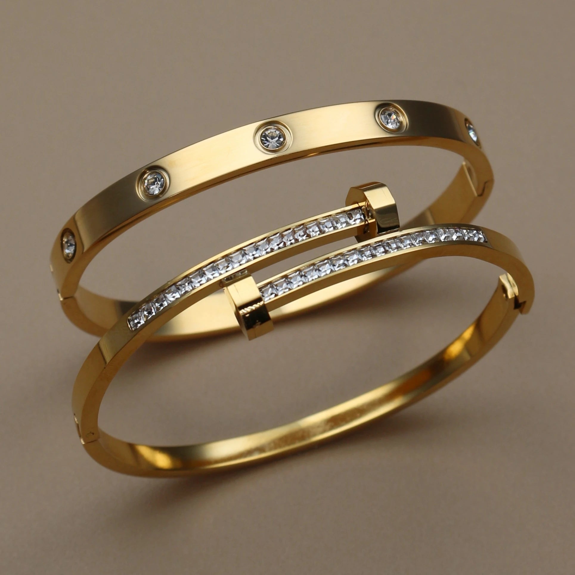 Gold Crystal Stacking Bangle | Stainless Steel Zircon Bracelet for Women