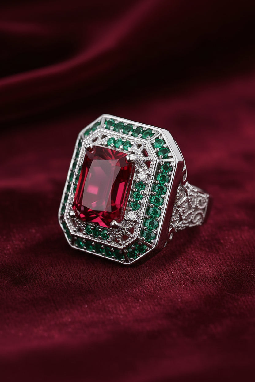 Vintage Ruby & Emerald Gemstone Ring | Lab Diamond Wedding Band | Celebrity Inspired Fine Jewellery