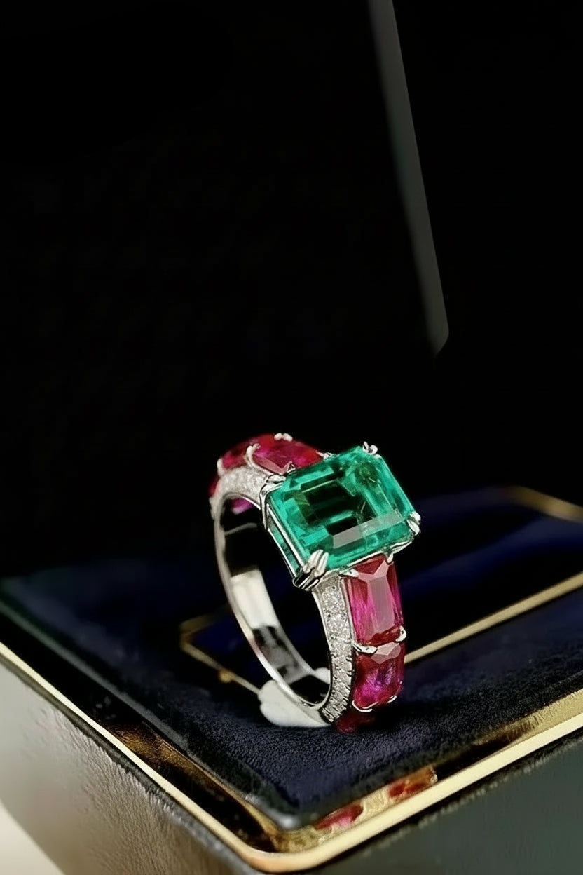 New Vintage Two Tone Lab Emerald Luxury Wedding Band Ring  Princess Cut  Delicate Engagement Ring Finger Jewelry