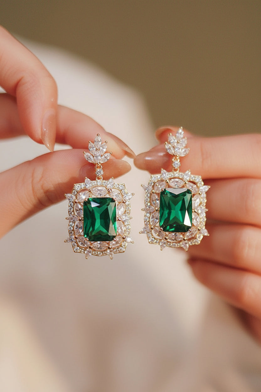 Queen Vintage Inspired Green Cubic Zirconia Dangle Earrings | Luxury Wedding Jewellery