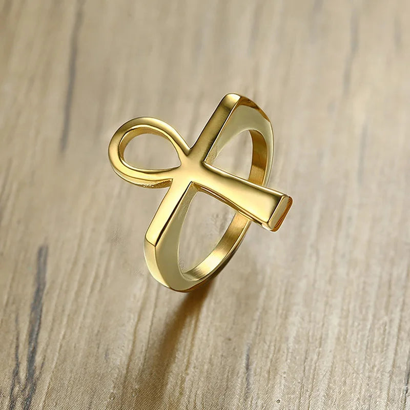 Bague Vnox Croix Homme en Acier Inoxydable Doré Ankh Clé de Vie Égyptienne Bijoux Bagues pour Homme