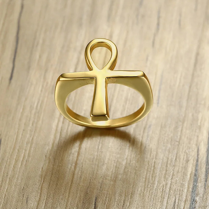 Bague Vnox Croix Homme en Acier Inoxydable Doré Ankh Clé de Vie Égyptienne Bijoux Bagues pour Homme