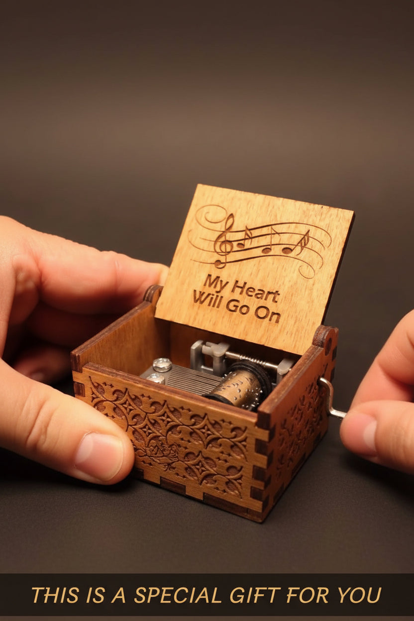 Wooden music box with 'My Heart Will Go On' engraving, held by a hand.
